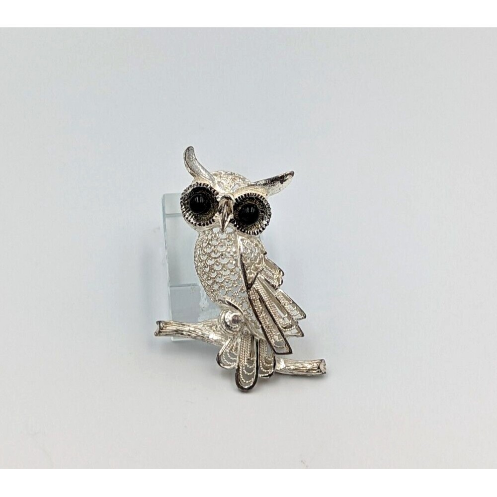 Owl Sterling Silver Brooch Black Gemstones Filigree Made In Germany 925 Pin